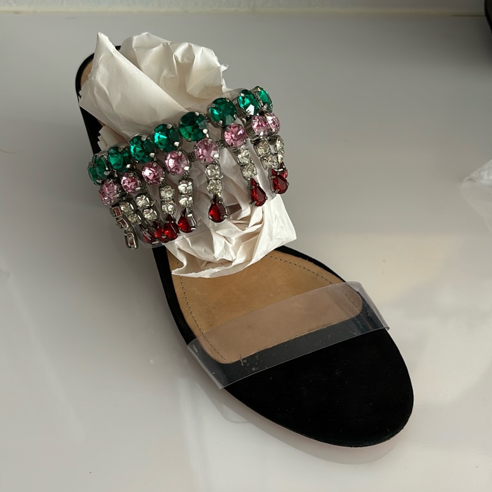 SCHUTZ Vinyl and Leather Black Block Heel Sandals with Multicolored Crystals